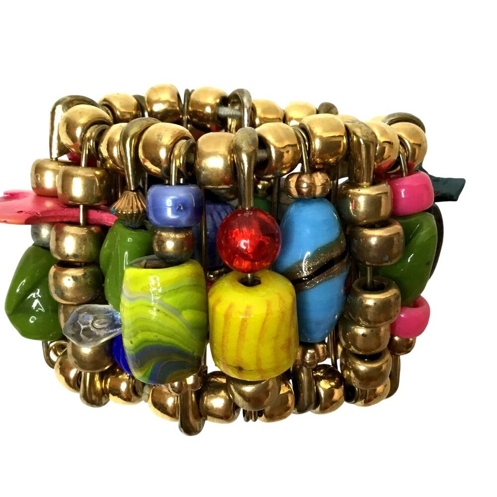 Vintage Fetish Pin Bracelet Beaded Gold-Tone Stretch Multicolor Charm Statement